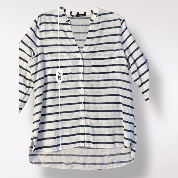 Zara Striped Blue White Oversized Linen V Neck Shirt Size L‎ Coastal Nautical - Picture 4 of 7